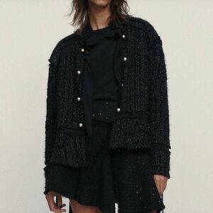 Zara Studio Limited Edition Metallic Tweed Textured Black Jacket Womens L Luxe